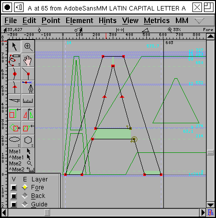 Intermediate version of "A" showing two other styles in background